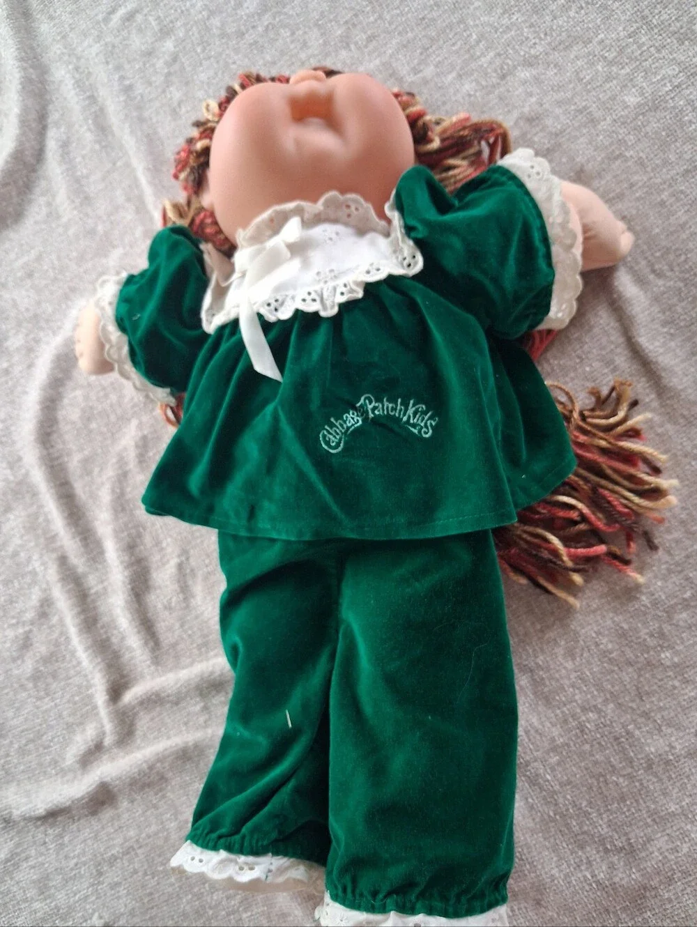 Plush Rag-Style Doll with Green Velvet Dress and Multicolor Yarn Hair